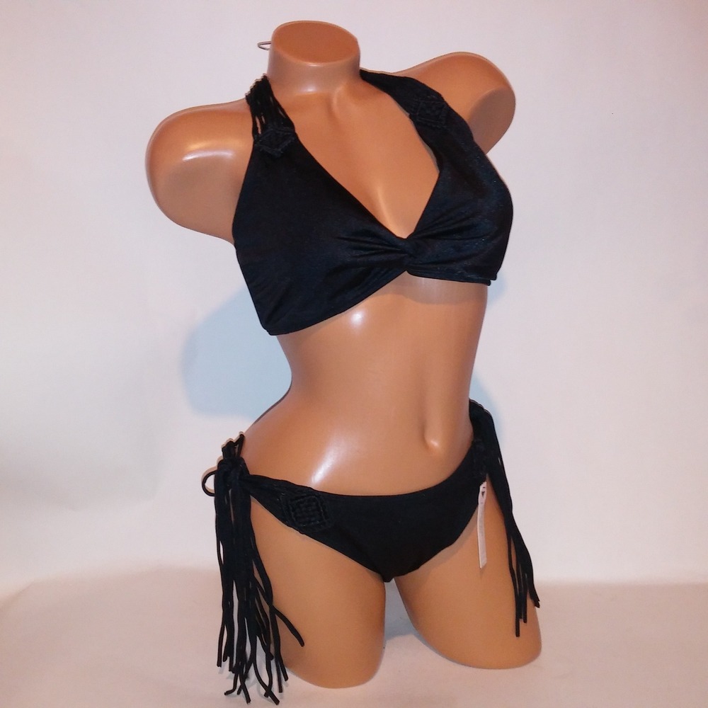 Victoria Secret Swim Bikini XL Top Large Bottom Black Solid Macrame Fringe New